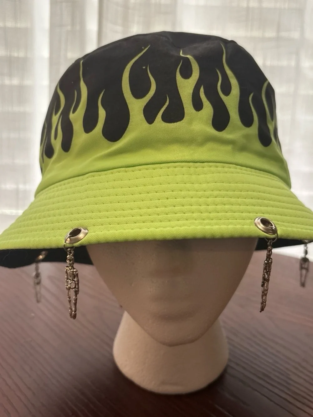 Neon Lime Flame Bucket Hat with Skeleton Charms